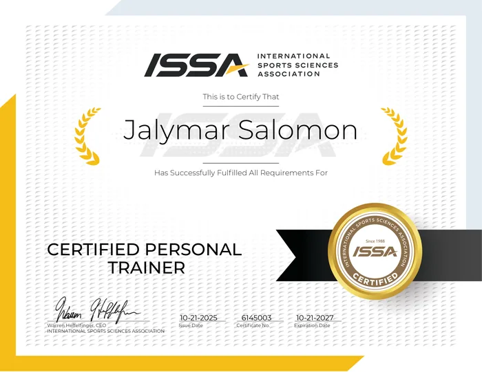 Certificado ISSA de Entrenadora Personal (CPT) de Jalymar Salomón
