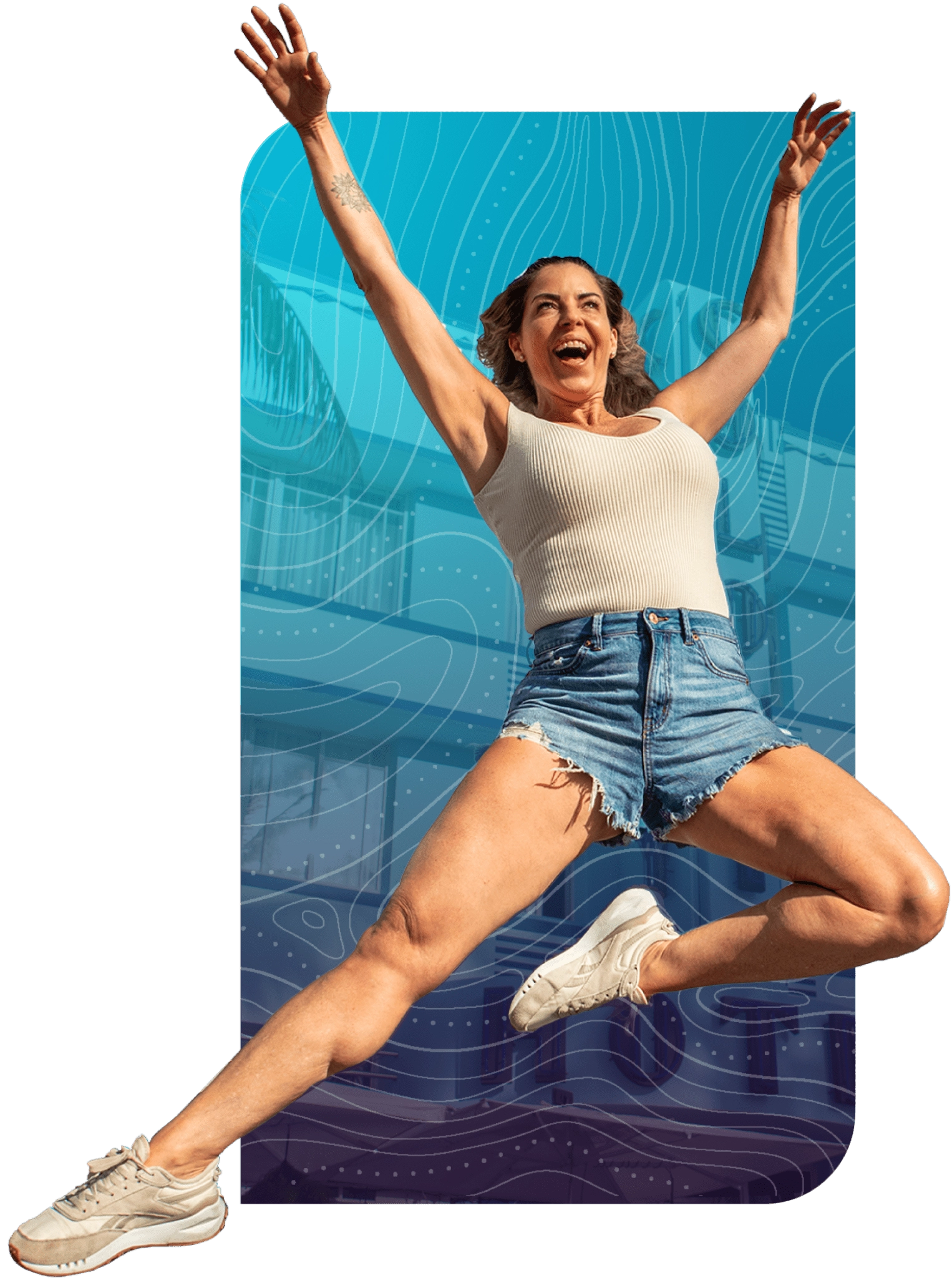 Joyful woman leaping; Elementor template.